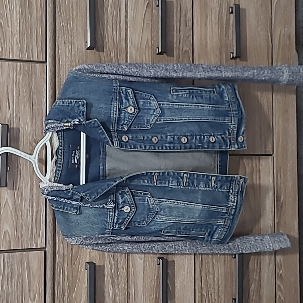 Silver Jeans Blue Denim Jacket with Gray Knit Sleeves